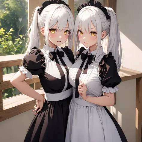 1 Girl White Hair Maid Twin Tails Yellow Eyes Breast