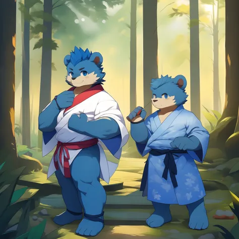 mtu，Blue-haired bear，Anthropomorphic bears，Well-developed muscles，Bare pectoral muscles，Yukata dress，Open top，Indecent expressions，Indecent pose，Hold the necklace in your hand，See the scenery in the mountains and forests，The background is rich in detail，Hi...