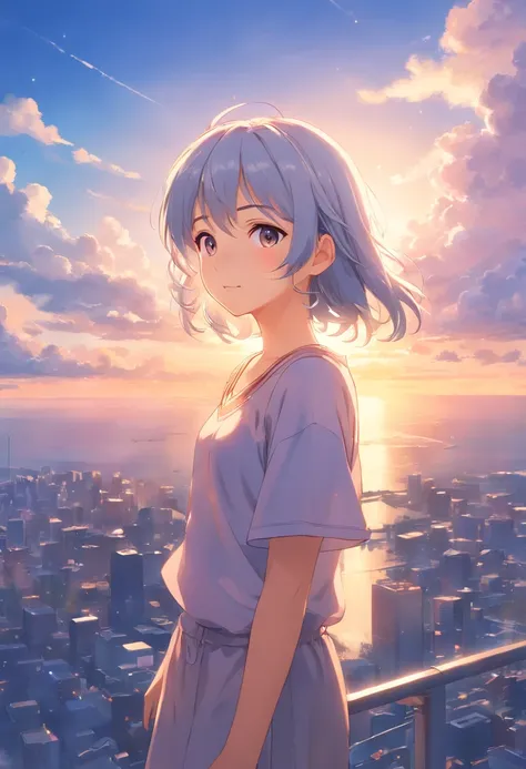 a beauty girl、Nice Buddy、Extraordinary beauty、Silvery hair、​masterpiece、top-quality、Movie stills、Cloud Girl、floating in sky、a closeup、发光、Happiness、Warm and soft lighting、the setting sun、(Spark:0.7)