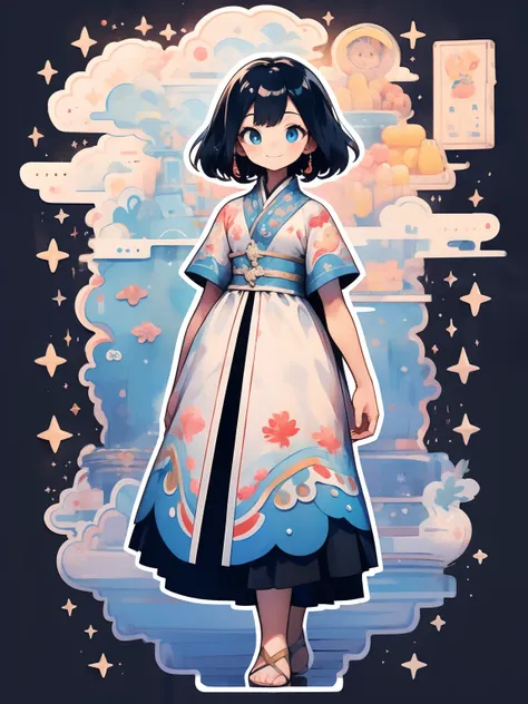 knolling layout::2, cardcaptor sakura, wearing a cheongsam with a blue and white porcelain pattern, sky blue and white, high res...