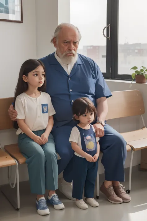 year: 2023. Location: Sweden. Pre-Raphaelite scene with a 59-year-old man, ((clean classic look)), ((grumpy)) ((strict)), in the (((hospital waiting room))) with two little girls (ages 7 and 3), reading a colorful children story, ((((Clothing from the 2020...