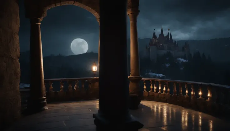 medieval castle balcony, snow, midnight, moon rising, gothic, vampiric, cinematic, 8k, scene from film (best quality, 8k, highres, masterpiece:1.2), ultra-detailed, realistic:1.37, HDR, studio lighting, vivid colors, bokeh, portraits, landscape, horror, an...