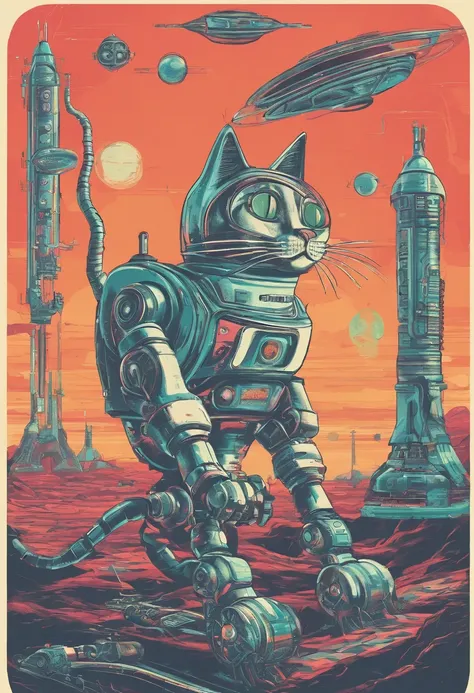 1Cat-shaped robot, Mine where they extract spices and seasonings from the earth, Cinematic, Miners in the distance