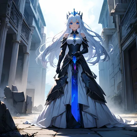 Princess standing in a crumbling castle with blue eyes in a charred white dress with scorched white sword in one hand a black dragon with sparks in the sky guards the princess beside her.。illustrated anime