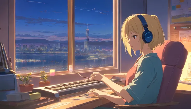 portlate、512、lo-fi、Blonde Girl in headphones sitting on a chair、Napping at your desk、Eyes closed、City view outside the window、early evening、PastelColors、Painting