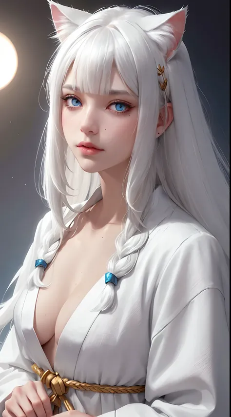 Light white hair, blunt bangs, asymmetrical hair, hair behind ear, long hair, wavy hair, blue eyes, cat pupils, eyebrows behind hair, cat ears, serious, facial hair, close-up, UHD, anatomically correct, textured skin, high details, 1080P, traditional japan...