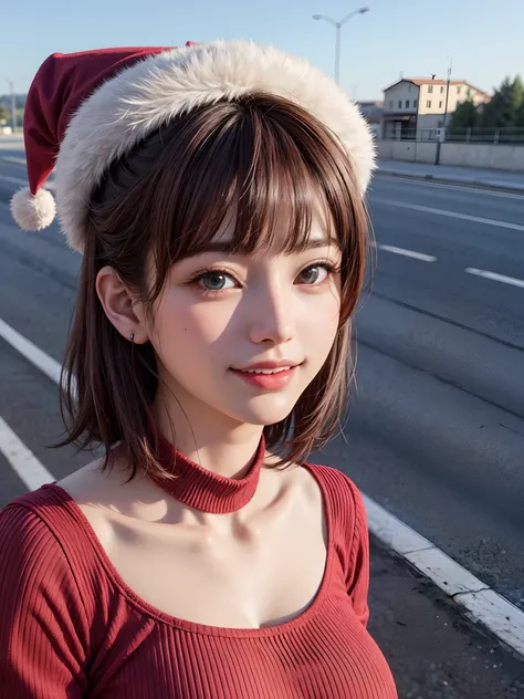 (masutepiece, top-quality、Very attractive adult beauty、Add intense highlights to the eyes、Look firmly at the camera、Beautiful woman full of adult charm),1girl in, 独奏, Light brown shiny hair, muffler,Santa Claus hat,realisitic, looking at the viewers, Brigh...