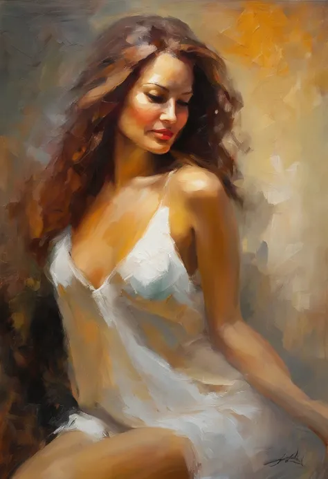 Nude Female portrait, very beautiful woman, long auburn hair, smiling eyes, looking right at the point of view, white see through shirt, cleavage, erect breast ,acrylic painting, bold and expressive brushwork with thick textured paint, impressionistic styl...