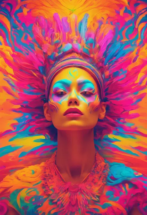 Woman with neon makeup and headdress ,Divinity、devilishness、 transgressive art, Sharp Focus, 8 K, Octane Render , Saturated colors, Pastel colors