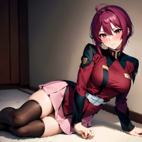 masterpiece, best quality, highres, 1girl, solo, pink skirt, military uniform, short hair, ahoge, black thighhighs, red hair, purple eyes, purple hair, long sleeves, blush, sexy pose, kneelinv on the floor, seductive pose, museum, full shot, viewed from si...