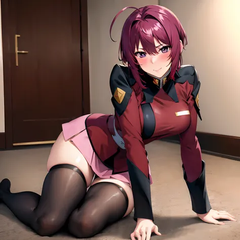 masterpiece, best quality, highres, 1girl, solo, pink skirt, military uniform, short hair, ahoge, black thighhighs, red hair, purple eyes, purple hair, long sleeves, blush, sexy pose, crawling on the floor, seductive pose, museum, full shot, full body