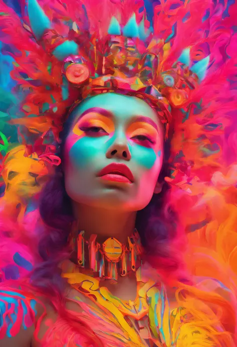 Woman with neon makeup and headdress ,Divinity、devilishness、 transgressive art, Sharp Focus, 8 K, Octane Render , Saturated colors, Pastel colors