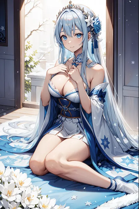 saints，seductiv，having fun，Being in love，(Western magic white dress)，silber hair，eBlue eyes，Suitable transparent clothing，Decoration of saints，Sky blue cloth，Snowflake pattern，Sky blue pattern，Snowy nights，Transparent lace，exquisite costumes，Sit Pose，solo ...