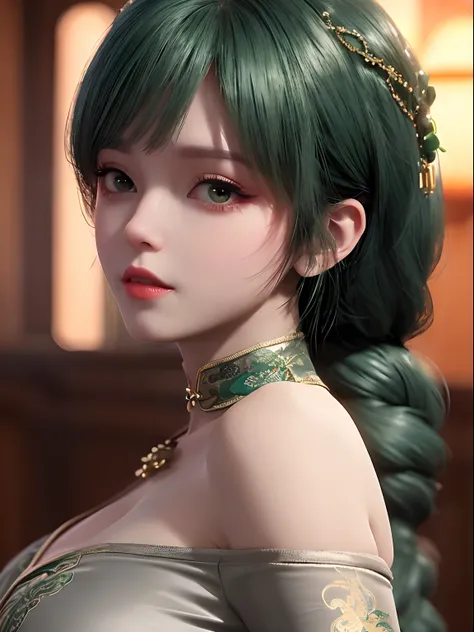 best quality, masterpiece, ultra high res, (photorealistic:1.4), 1girl, off-shoulder shirt, ((traditional chinese dress:1)), black choker, (faded ash gray hair:1), (huge breasts:1.2), looking at viewer, closeup,, Green hair,