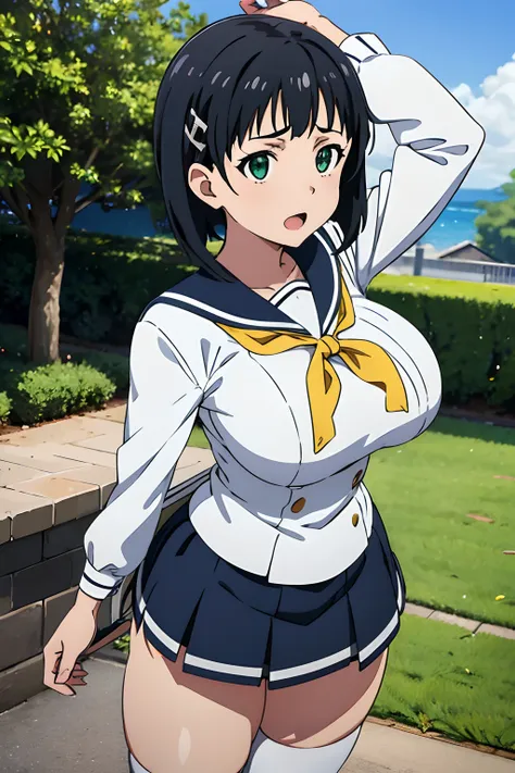 very huge tits,  white sailor uniform, , naoha kirigaya(sword art online), 1girl, bob hair, black hair, hairclip, ​masterpiece, ...