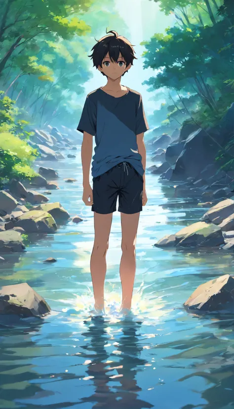 Boy standing in river wearing black shorts