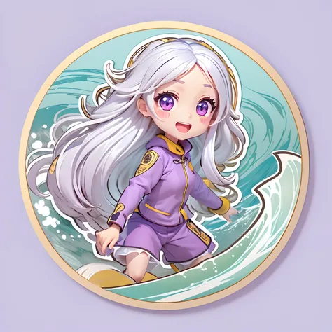 (Sticker),White background,(in circle), (3D anime girl surfing in the sea), long layered silvery white hair,Light purple eyes，joyful expressions，cute clothing.Gold border,Simple, Ultra detailed, Detailed drawing, vectorised, Silhouette, 8K, professional st...