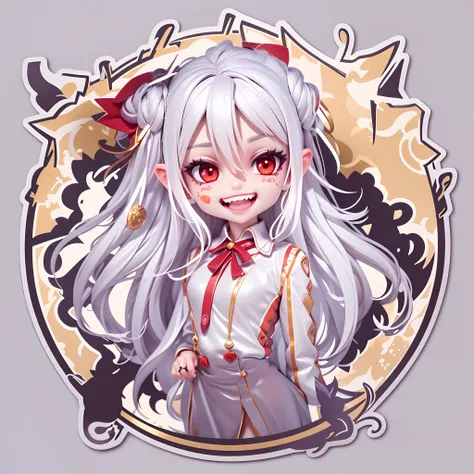 (Sticker),White background,(in circle), (3D anime vampires), long layered silvery white hair,Red eyes，Teeth are exposed，joyful expressions，(cute clothing).Gold border,Simple, Ultra detailed, Detailed drawing, vectorised, Silhouette, 8K, professional sticke...