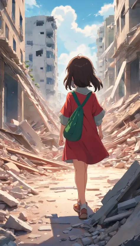 Palestine earthquake, one little girl from behind waving Palestine flag looking at rubble and destruction, somber, hope, (masterpiece:1.1) (best quality) (detailed) (intricate) (8k) (HDR) (cinematic lighting) (sharp focus:1.1)