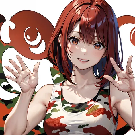 upperbody shot、an oil painting、​masterpiece、top-quality、hight resolution、Red hair、(((Pure white background)))、bobhair、A smile、(((Camouflage pattern tank top)))、Hair that grows to the shoulders、(((Waving right hand)))、