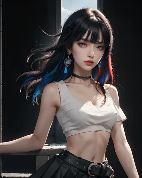 (masterpiece, best quality, 1girl, solo, intricate details, chromatic aberration), (realistic),(skin), ((breath)),(black hair,blunt bangs),detailed hair, red head ornament, blue highlights, hair over one eye,black eyes, small earrings, sharp eyes, choker,(...