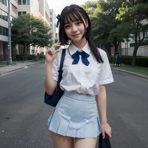 a park、hi-school girl、surrealistic、in school uniform、White shirt、Blue miniskirt、wave her hand、A smile、Bob Hair、A dark-haired、Black eyes、With ribbon、fullbody image、cute little