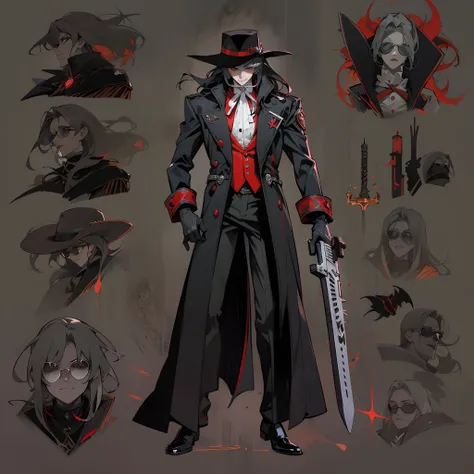 Alucard, The Charismatic Vampire from the Anime Series "Hellsing", He is an iconic figure with an impressive and ominous presence,His face has a pale complexion, Almost cadaverous, que contrasta fuertemente con su cabello oscuro y desordenado,Her crimson e...