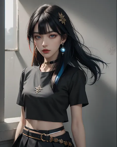 (masterpiece, best quality, 1girl, solo, intricate details, chromatic aberration), (realistic),(skin), ((breath)),(black hair,blunt bangs),detailed hair, red head ornament, blue highlights, hair over one eye,black eyes, small earrings, sharp eyes, choker,(...