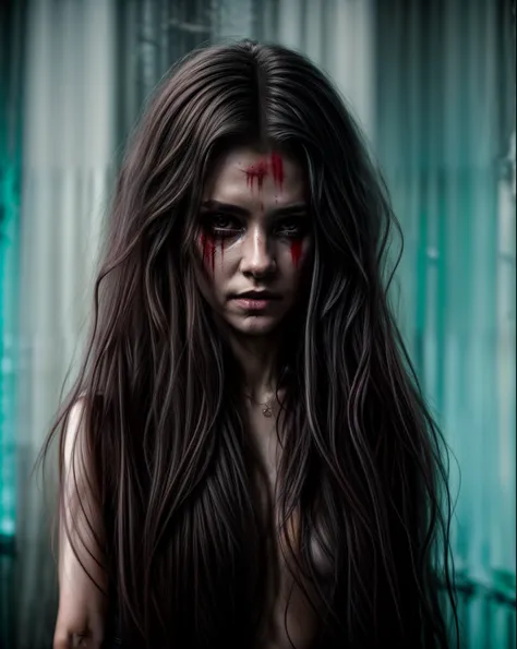 (Masterpiece), 8k, Ultra-high resolution, A female ghost, long rough hair, evil eyes, dark environment, scary, haunted, mist,scars on face, blood,