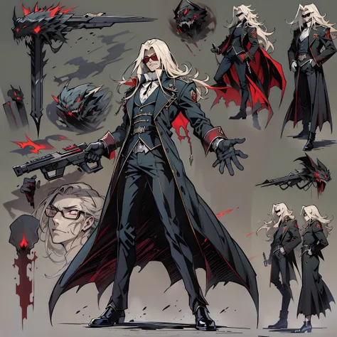 Alucard, The Charismatic Vampire from the Anime Series "Hellsing", He is an iconic figure with an impressive and ominous presence,His face has a pale complexion, Almost cadaverous, que contrasta fuertemente con su cabello oscuro y desordenado,Her crimson e...