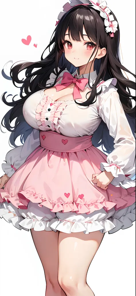 Azhiichigo style，big eyes, thick lines, cute,,Uekura.KoiKo,, adult body,.(Style):Kawaii style,,..(composition):adult woman,..(Appearance) : consistency, normal face, smiling, wavy hair, dark hair, crimson eye,..(Clothing):,(Clothes with lots of ruffles, (b...