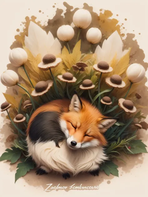 Theres a fox sleeping on a pile of leaves and mushrooms, Zorro caprichoso, ethereal fox, por Jeka Kemp, Beautiful autumn spirit, autumn, Illustration of fox ears, por Andrée Ruellan, Zorros, Lindo zorro, por Caroline Chariot-Dayez, Animal Zorro, Teniente Z...