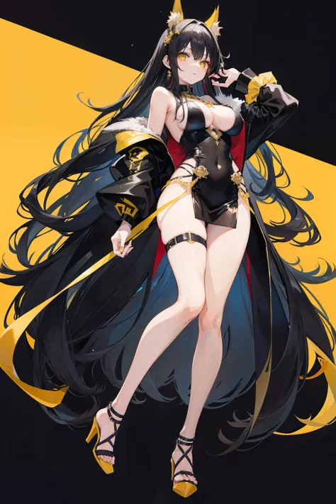 anime girl, long black hair, beautiful yellow eyes, slightly fierce expression, wearing yellow rounded sunglasses, black suit, tall, mature, black strap high heels, good anatomy, good hands, 8k, high resolution