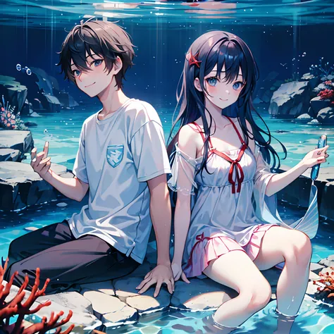 Deep sea fish blue in water、Girl and boy swimming in red smiling as sunlight shines in hand