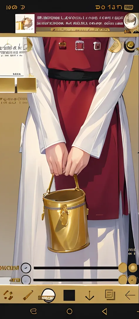 someone is holding a bucket with a handle and a handle, holding a gold bag, hanbok apron, inspired by Sim Sa-jeong, handbag, mid-view, holding a leather purse, jia, white silky outfit, middle close up shot, leaked image, style blend of the vatican, [ reali...