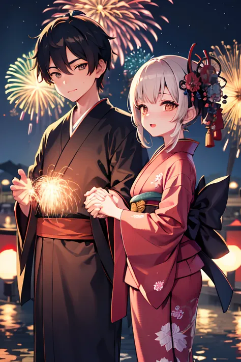 Boy and girl wearing kimono, watching fireworks festival in Japane, holding hands, dark high-lights, bright contract colors