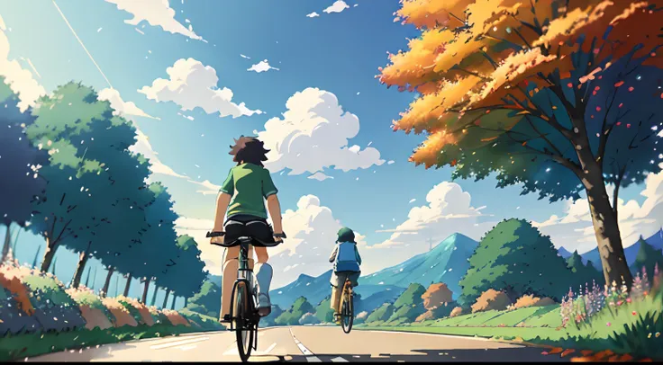 (cycliste seul: 1.5), (Realistic bike: 1.5), (realistic cyclist: 1.5), Plan en gros plan, Le meilleur des meilleurs, automne, Orange leaves, couleurs de lautomne, Feuilles qui tombent, Landscaped background, ombres, contraste, Makoto Shinkai (beste-Qualit:...