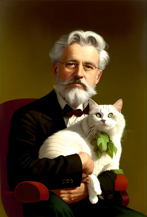 arafed man with a beard and a cat sitting in a chair, human cat hybrid, inspired by Samuel F. B. Morse, with small cat on lap, ernst haeckel and artgerm, portrait of garfield, by Emma Andijewska, inspired by Peter Rockwell, by Alvan Fisher, robert richards...