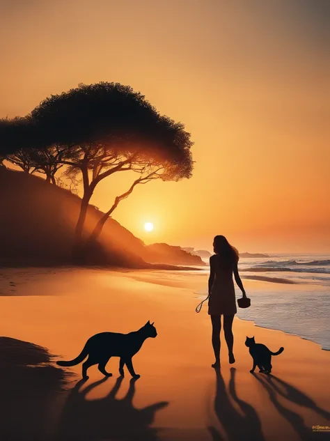 the setting sun、Walk along the coast、beach、Cat and girl、silhuette、Photorealsitic、8ｋAnd then、top-quality、detail portrayal、the golden ratio、