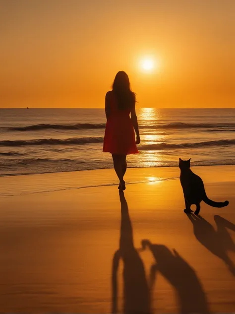 the setting sun、Walk along the coast、beach、Cat and girl、silhuette、Photorealsitic、8ｋAnd then、top-quality、detail portrayal、the golden ratio、