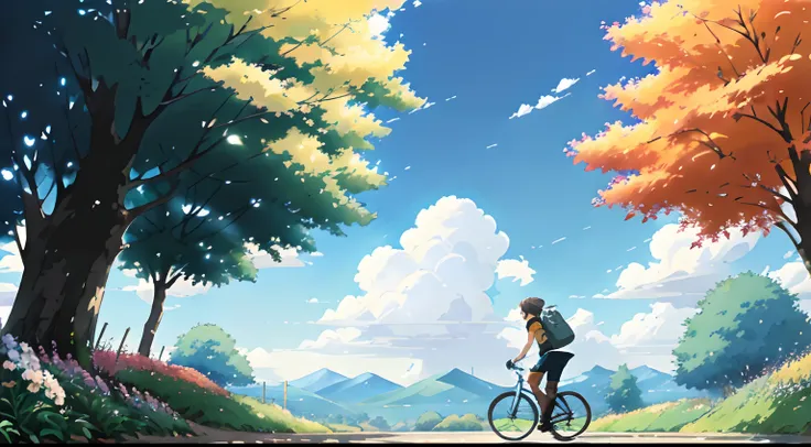 (cycliste seul: 1.5), (Realistic bike: 1.5), (realistic cyclist: 1.5), Plan en gros plan, Le meilleur des meilleurs, automne, Orange leaves, couleurs de lautomne, Feuilles qui tombent, Landscaped background, ombres, contraste, Makoto Shinkai (beste-Qualit:...