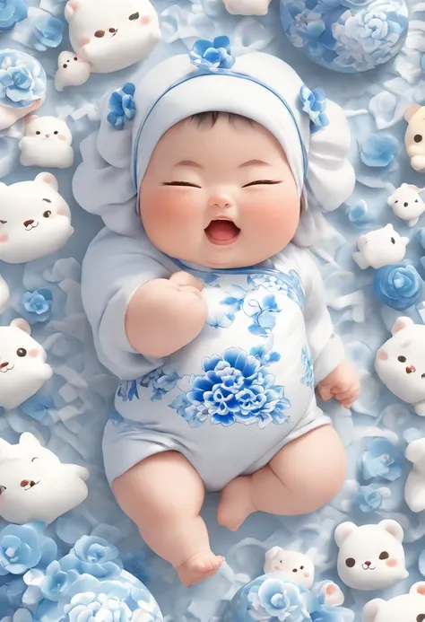 knolling layout::2, cartoon Chubby Baby, wearing blue and white porcelain pattern cheongsam, sky blue and white, high resolution.
（Sticker Style），Niji. Journey V5