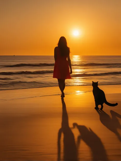 the setting sun、Walk along the coast、beach、Cat and girl、silhuette、Photorealsitic、8ｋAnd then、top-quality、detail portrayal、the golden ratio、