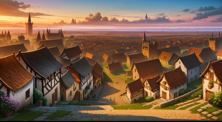 Give me a medieval town background theare many tall houses , morning time , colony