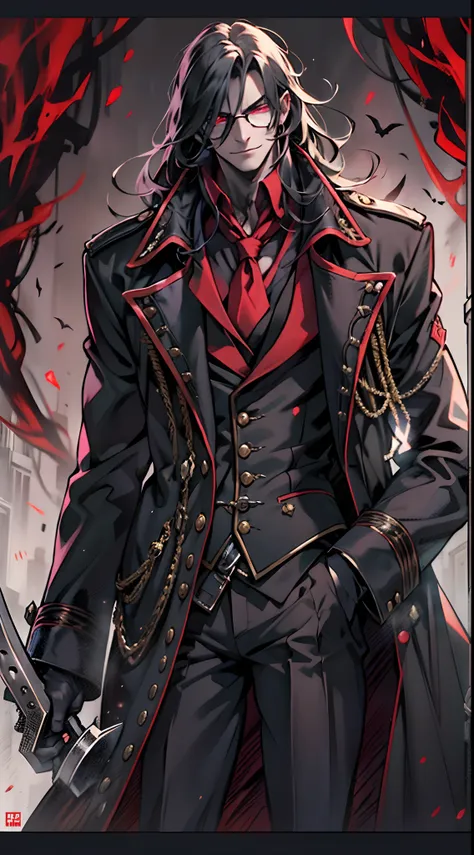 Alucard, The Charismatic Vampire from the Anime Series "Hellsing", He is an iconic figure with an impressive and ominous presence,His face has a pale complexion, Almost cadaverous, que contrasta fuertemente con su cabello oscuro y desordenado,Her crimson e...