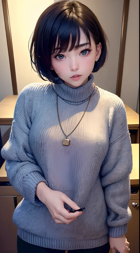 Average face、(top-quality、8k、32k、​masterpiece、UHD:1.2)、Photos of Japan women、very short bobbed hair、The upper part of the body、sface focus、oversized_sweater、a necklace、simple background、From  above、looking at the viewers、Turtleneck Sweater、inside the house...