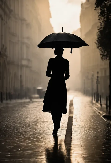 Frau im schwarzen Kleid mit Regenschirm in einer nebligen Stadt, ein Bild von Kuno Veeber, Gewinner des Pixabay-Wettbewerbs, Konzeptkunst, Im Regen stehen, schwarze Silhouette, mysterious woman, pretty girl, das im Regen steht, Einzelperson mit Regenschirm...