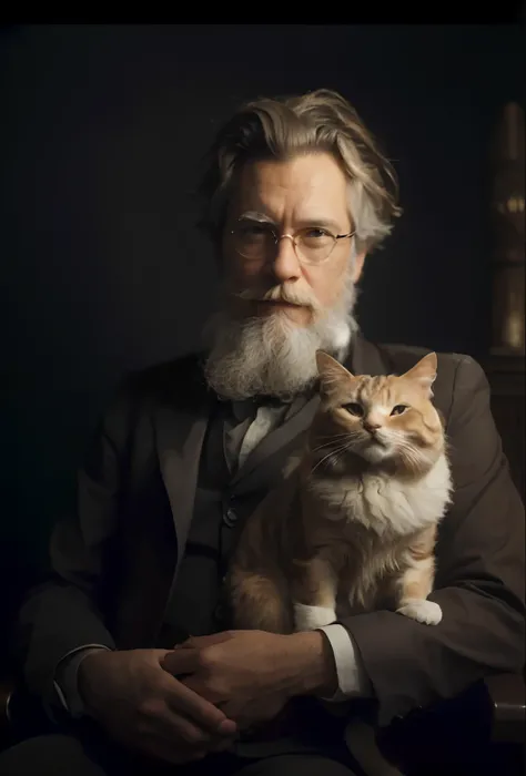 arafed man with a beard and a cat sitting in a chair, human cat hybrid, inspired by Samuel F. B. Morse, with small cat on lap, ernst haeckel and artgerm, portrait of garfield, by Emma Andijewska, inspired by Peter Rockwell, by Alvan Fisher, robert richards...