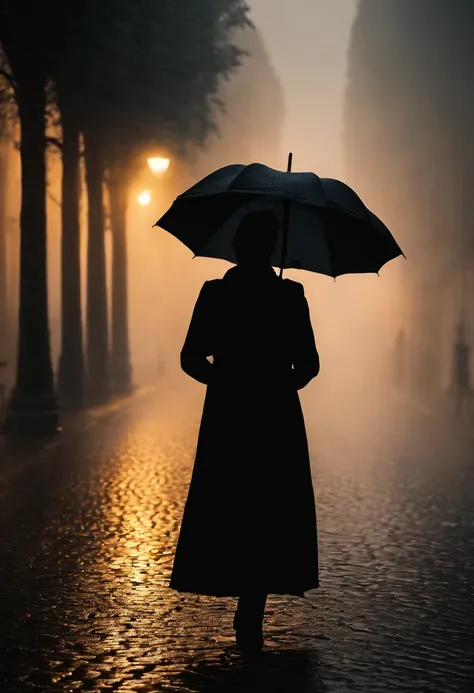 Frau im schwarzen Kleid mit Regenschirm in einer nebligen Stadt, ein Bild von Kuno Veeber, Gewinner des Pixabay-Wettbewerbs, Konzeptkunst, Im Regen stehen, schwarze Silhouette, mysterious woman, pretty girl, das im Regen steht, Einzelperson mit Regenschirm...