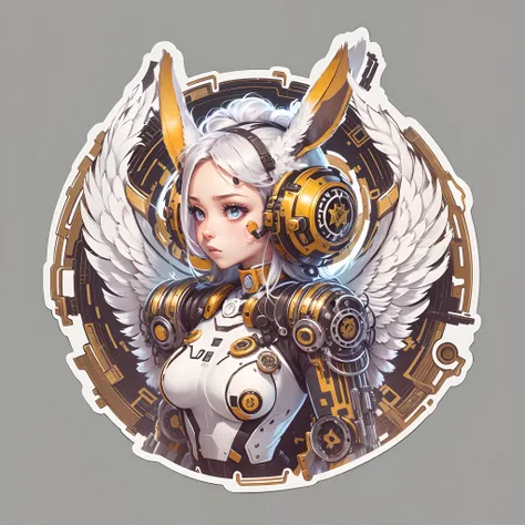 (Sticker,),(Futuristic cyborg girl), (Rabbit ears)，bright colored hair，(A pair of huge feathered wings),((Metal gears inside the mechanical body)),Slim.Exude power, Grace, There is also a touch of mystery.(in circle), (White background), (Gold border)，Simp...